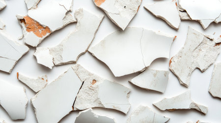The image presents a close-up view of scattered pieces of white paint or plaster, revealing a textured and visually interesting abstract pattern ideal for creative projects.の素材