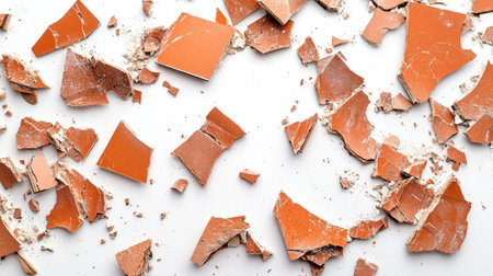 This image features broken ceramic tiles in varying sizes and shapes, scattered chaotically on a clean white background, highlighting texture and color contrast.の素材