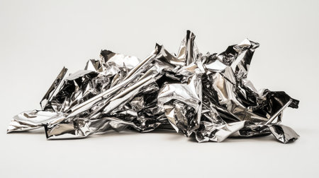 Textured crumpled metallic foil with shiny surface on a clean white background, ideal for creative projects, backgrounds, and artistic designs that require a unique visual element.の素材
