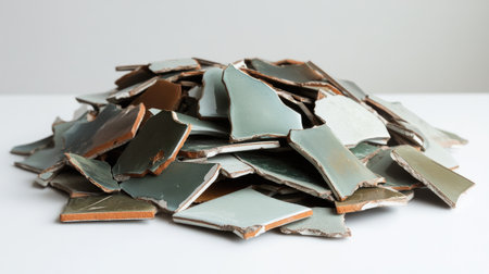A captivating display of broken ceramic tiles showcasing diverse colors and textures stacked together, ideal for art projects, home design inspiration, or textural backgrounds.の素材