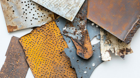 A unique display of rusty metal sheets featuring various textures and colors, perfect for artistic projects, industrial themes, or backgrounds showcasing the beauty of decay.の素材