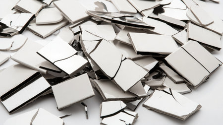 A collection of shattered mirror pieces rests on a white surface, showcasing intricate patterns and reflections, perfect for artistic and creative design projects.の素材