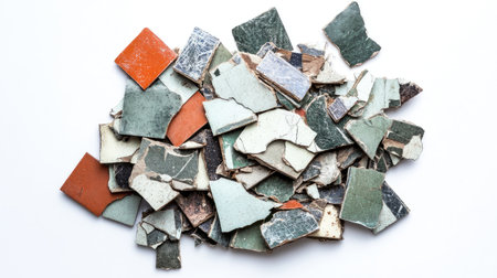 A colorful assortment of broken ceramic tiles arranged on a white background, showcasing unique textures and patterns ideal for artistic projects and home renovation inspiration.の素材