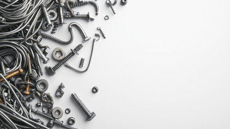 A diverse assortment of metallic fasteners including screws, nuts, bolts, and washers arranged artfully on a clean surface, perfect for illustrating industrial themes or DIY projects.の素材