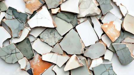 A stunning composition of broken ceramic tiles in diverse colors and textures, creating an artistic mosaic that adds character and uniqueness to any space.の素材