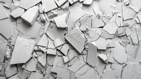 A striking close-up of white paint peeling and cracking on a wall, showcasing intricate textures and patterns that reflect age and character in a visually appealing manner.の素材