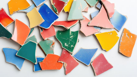 A vibrant collection of broken ceramic pieces featuring various colors and textures, perfect for artistic projects and creative inspiration, resting on a white background.の素材