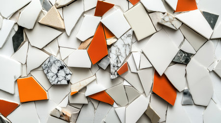 A vibrant mosaic formed by broken ceramic tiles showcasing various textures and patterns, ideal for artistic decoration in home interiors or renovation projects.の素材