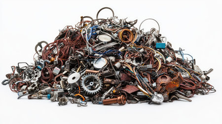 A striking collection of various scrap metal pieces and junk parts, illustrating the abundance and chaotic beauty of industrial waste materials ideal for creative and artistic projects.の素材