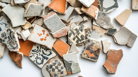 A collection of fragmented ceramic pieces showcasing diverse colors and intricate patterns, perfect for artistic projects, crafts, and creative design applications.の素材