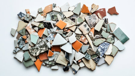 A dynamic arrangement of broken ceramic pieces in various shapes and colors, highlighting unique textures and creating an eye-catching visual on a white surface.の素材