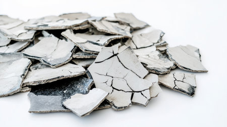 A collection of fractured ceramic pieces showcasing intricate textures and cracks, ideal for creative projects, artistic backgrounds, or modern decor themes.の素材