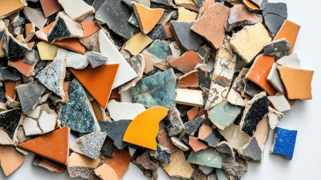 A vibrant assortment of broken ceramic pieces and tile fragments showcasing a range of colors, textures, and patterns. Perfect for artistic inspiration or renovation projects.の素材
