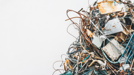 An intricate display of scrap metal and wires showcases the chaotic beauty of industrial waste, reflecting the importance of recycling and sustainability in modern society.の素材