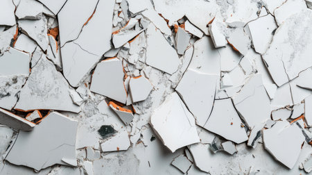 This image showcases a close-up view of cracked and peeling white paint on a wall, revealing layers and textures, ideal for design and renovation themes.の素材