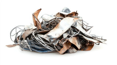 A chaotic arrangement of metal scraps, cables, and flakes showcases the beauty of recycled materials, perfect for design projects, artwork, or eco-friendly initiatives.の素材