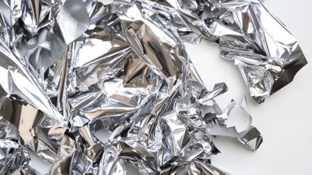 Textured crumpled metallic silver foil sheets create an artistic and modern background, perfect for various creative projects, packaging, or photography needs.の素材