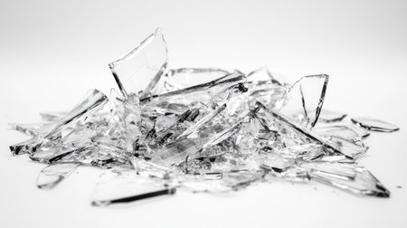 A captivating close-up of shattered glass pieces arranged in a pile, showcasing their sharp edges and reflective surfaces against a clean white background, ideal for abstract concepts.の素材