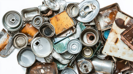 A detailed top-down view of assorted used metal cans and containers on a bright backdrop, showcasing the importance of recycling and proper waste disposal for environmental health.の素材