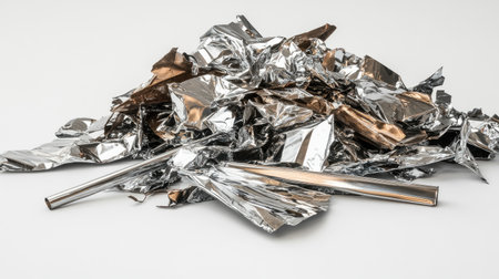 A heap of shiny metallic foil scrap lies on a neutral surface, perfect for artistic projects, abstract designs, or unique photography backgrounds highlighting texture and reflectiveness.の素材