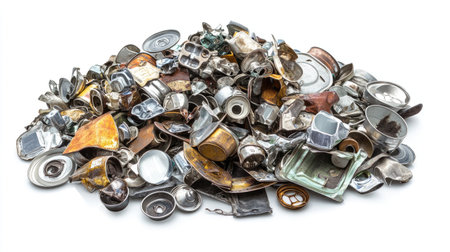 A striking visual of assorted metal scraps and tin containers in disarray, perfect for illustrating recycling concepts and promoting sustainable materials in various designs.の素材