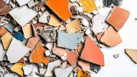 A vibrant array of colorful ceramic tile fragments scattered on a white surface, showcasing various shapes and textures ideal for creative design projects and artistic inspiration.の素材
