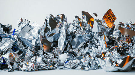 A dynamic scene filled with crumpled aluminum foil showcasing its textures and shine, symbolizing waste and the importance of recycling in modern society.の素材