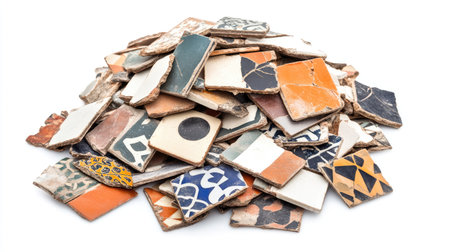 This image shows a vibrant collection of broken ceramic tiles featuring diverse patterns and colors. Ideal for design projects, DIY crafts, or artistic inspiration.の素材