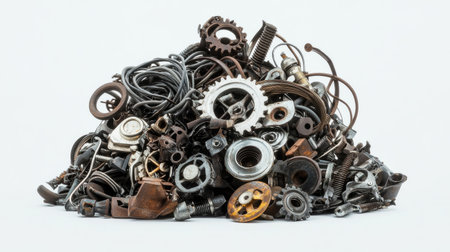A visually striking composition of varied metal scraps, featuring an array of gears, nuts, and bolts, perfect for industrial themes or recycling concepts on a light backdrop.の素材