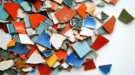A vibrant assortment of broken ceramic tiles showcasing various colors and textures. Ideal for crafts, decor inspiration, or artistic projects.の素材