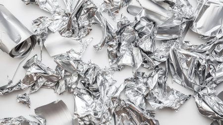 This image features a collection of crumpled metallic foil textures, showcasing shiny surfaces and intricate details ideal for design projects, backgrounds, and artistic applications.の素材
