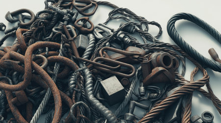 This image features an assortment of rusty metal objects, including chains, nuts, bolts, and twisted cables, perfect for industrial-themed projects or artistic backgrounds.の素材