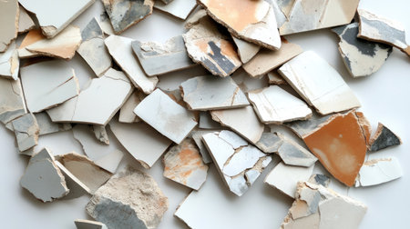 Collection of broken ceramic and tile pieces showcasing a variety of textures and colors, perfect for abstract backgrounds or artistic design projects.の素材