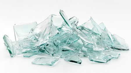 This image showcases a dynamic arrangement of broken glass pieces scattered on a white surface, highlighting themes of fragility and safety concerns in various contexts.の素材