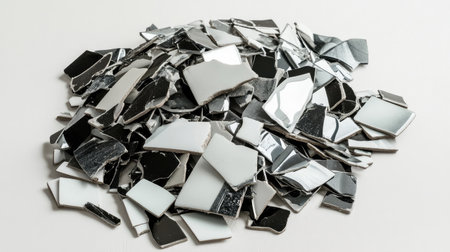 A detailed view of a chaotic pile of broken glass shards in varying shades of black and white, ideal for use in design projects, backgrounds, or artistic endeavors.の素材