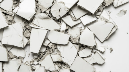 A visually striking arrangement of broken white tile fragments on a clean surface, creating an artistic and abstract backdrop ideal for various design projects.の素材