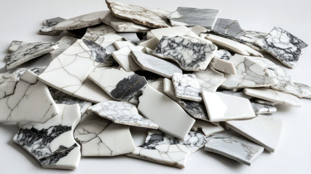 An array of broken marble tiles showcasing a variety of shapes and stunning patterns, ideal for artistic projects, interior design inspiration, or creative renovations.の素材
