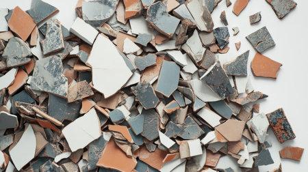 A vibrant collection of shattered ceramic tile fragments in various colors and textures, perfect for artistic projects, design inspiration, and creative displays.の素材