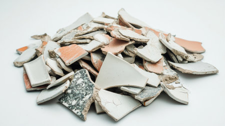 A captivating arrangement of broken ceramic pieces showcasing a variety of textures and colors, perfect for illustrating concepts of recycling and artistic decay.の素材