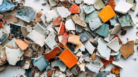 A vibrant mix of broken ceramic tile shards forms an appealing and textured backdrop, ideal for artistic projects, design inspiration, or home decor applications.の素材