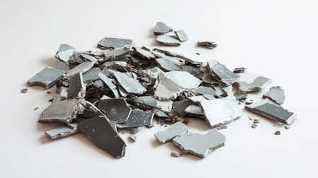 A visually striking image of shattered glass pieces arranged in an artistic manner on a clean white surface, highlighting the interplay of light and reflections in shades of gray and silver.の素材