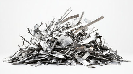 A striking image of a pile of metal scraps featuring various shapes and sizes, ideal for concepts surrounding recycling, industrial design, and environmental awareness.の素材