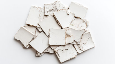 This image showcases a collection of cracked and weathered white tiles piled haphazardly, emphasizing their textured details and aesthetic appeal in a light, neutral setting.の素材