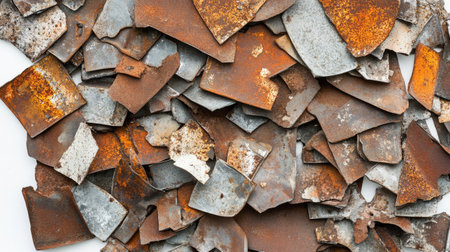 A visually captivating arrangement of rusty metal sheets highlights the intricate textures and colors created by weathering processes, perfect for industrial or rustic themes.の素材