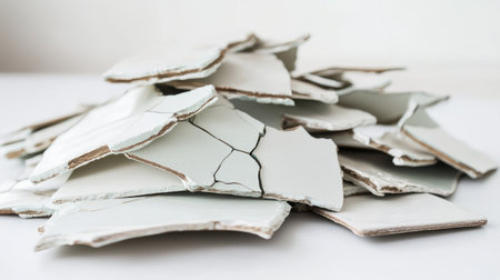 A captivating collection of broken ceramic tiles, artistically stacked to display their intricate textures and patterns, ideal for design inspiration and creative projects.の素材
