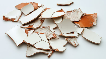 A collection of fragmented ceramic pieces scattered on a plain white background, showcasing varied textures and designs ideal for artistic and restoration themes.の素材