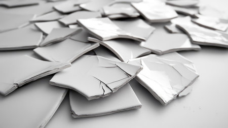 Close-up of broken ceramic pieces on a white surface, creating an interesting visual texture perfect for art and design projects, or renovation concepts.の素材