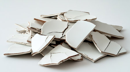 A visually striking composition of broken white ceramic pieces with cracks, symbolizing fragility and the beauty found in imperfection and loss in everyday life.の素材