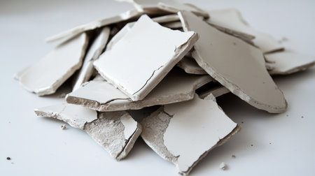 Discarded ceramic pieces depict an artistic arrangement with rich textures, perfect for showcasing themes of creativity and restoration in art and design projects.の素材