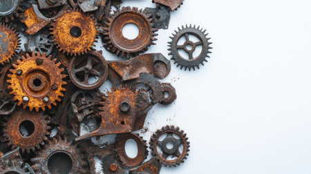 A collection of rusty gears and mechanical parts lies against a white backdrop, providing an intriguing aesthetic for industrial and steampunk design projects.の素材